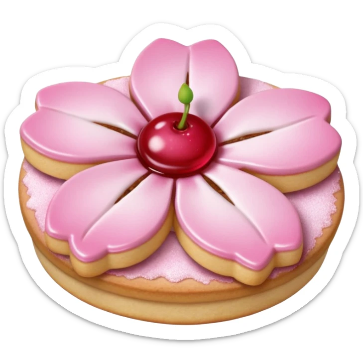 Realistic shortbread cookie in the shape of a cherry blossom with pale pink color jelly middle filling and sprinkled powder sugar on top. sticker