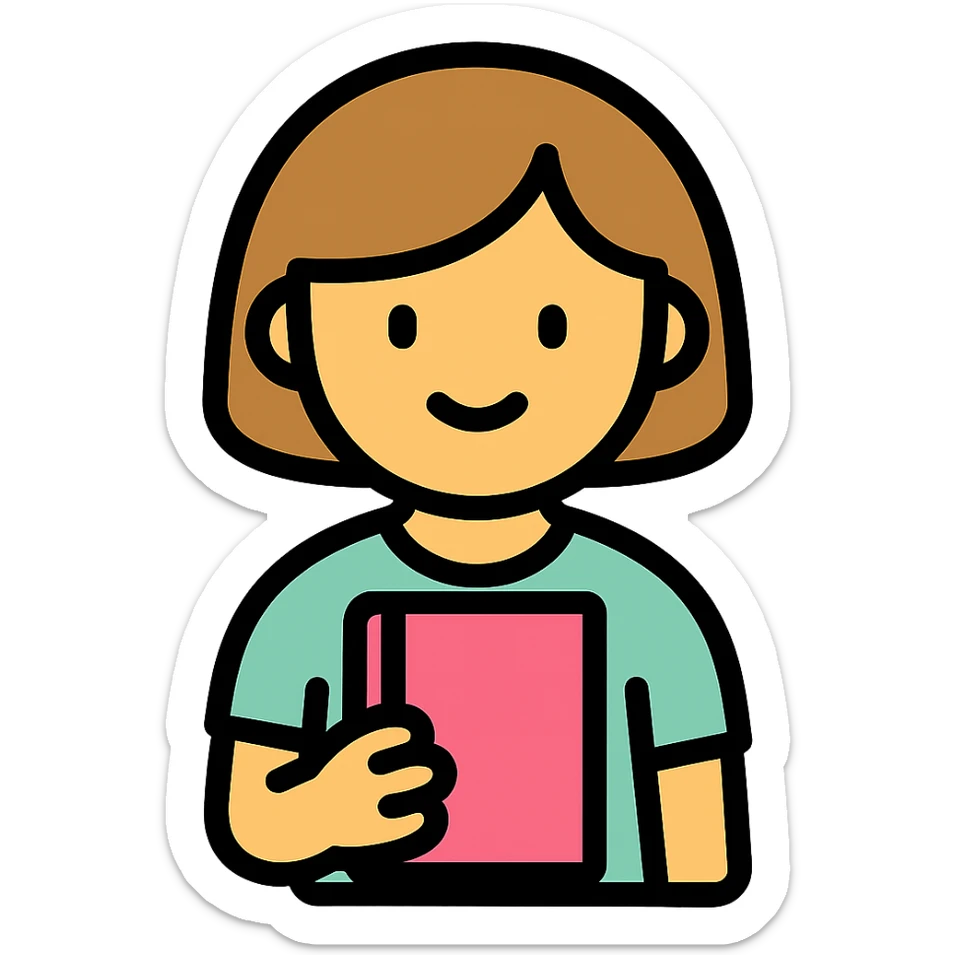 A girl with short light brown hair holding a pink book, wearing a mint shirt sticker