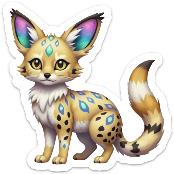 Rare iridescent white exotic epic aesthetic colorful Trico-Eevee-Serval-Genet-species-Fakemon-hybrid-creature, with intricate tattoo markings, full body sticker