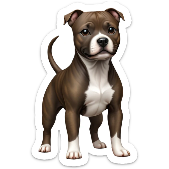 cinematic-[Staffordshire bull terrier]-realistic-full-body-standing-emoji,-tail-resting-loosely-beside-its-paws,-head-tilted-dramatically, -sleek-[dark solid brindle]-fur,-simplified-yet-realistic-focused-features,-highly-detailed,-glowing-with-an-almost-sarcastic-glow sticker