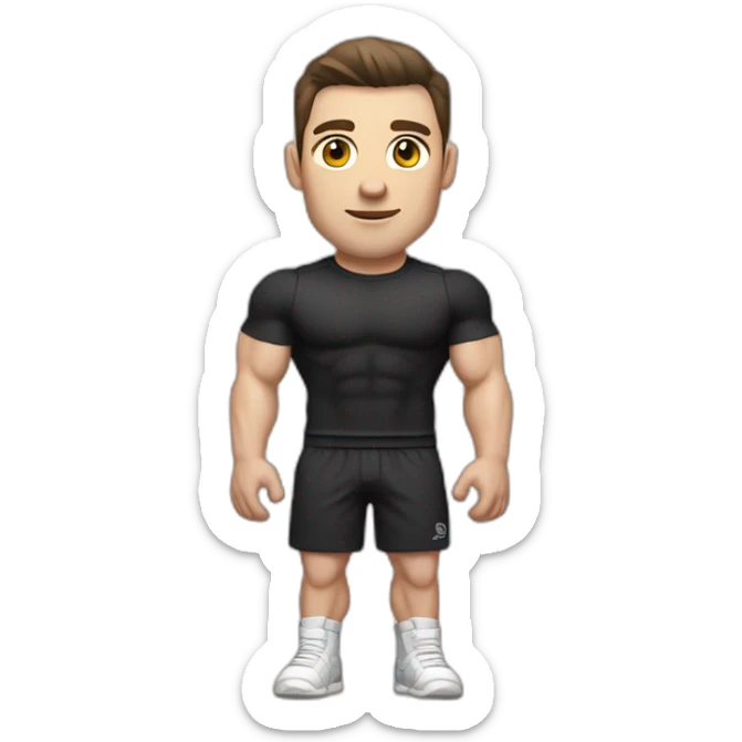 Pale skinned Fit Man With the biceps and dark brown hair in black shirt, gray sports shorts and white Sneakers sticker