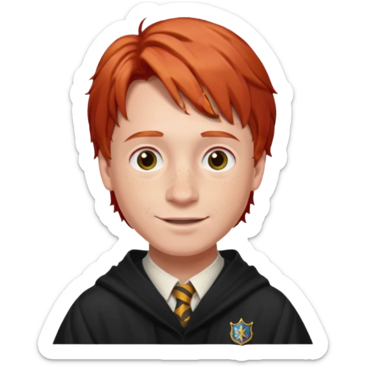 Create a realistic portrait of Ron Weasley with red hair, freckles, Hogwarts robe & warm smile. sticker