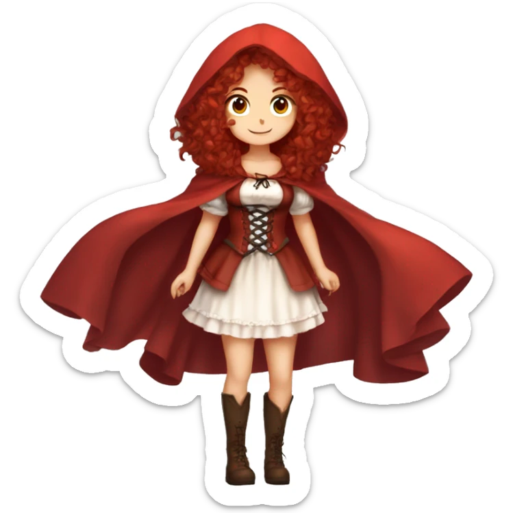Little Red Riding Hood long curly red hair, brown corset and dress full body pose non-chibi sticker