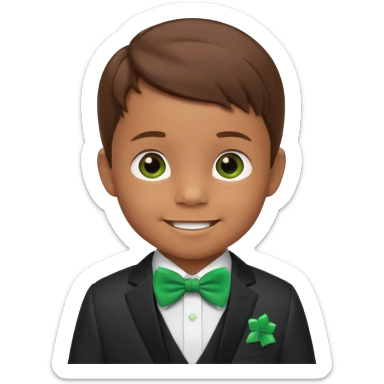 baby cute boy 5 years old, brown hair in suit, with green bow, smile sticker