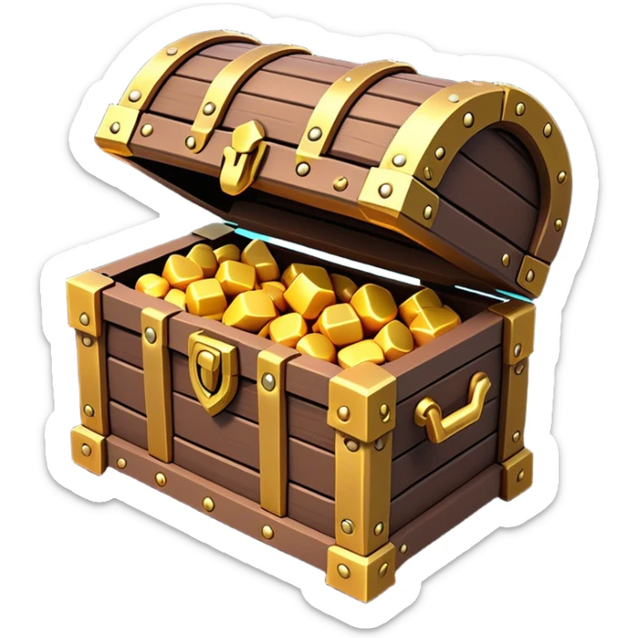 Clash of Clans aesthetic: Cinematic Playful 3D Isometric Treasure Chest Emoji, rendered in a 3D vector-style similar to standard emojis with minimal shading and bold, simplified shapes. A compact, distinct form with signature details, softly glowing with a fantasy RPG magic charm. Simplified yet unmistakably iconic, highly detailed and consistent, glowing with a soft radiance and high shine. Stylized with a touch of heroic grandeur and a soft glowing outline, capturing the essence of a beloved gaming relic with a friendly, playful manner! sticker