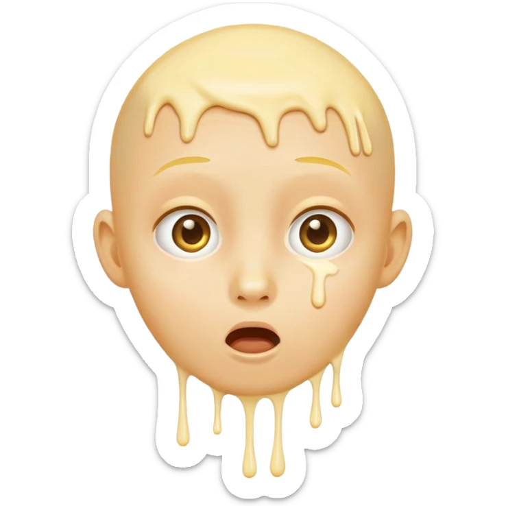 surprised face, classic emoji, 😮, yellow circular, genderless, hairless, white cream dripping from cheeks, white cream in mouth sticker