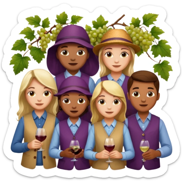 Make a photo of 5 project managers, specificly 3 girls and 2 boys, that are making project for improvment of the vineyard sticker