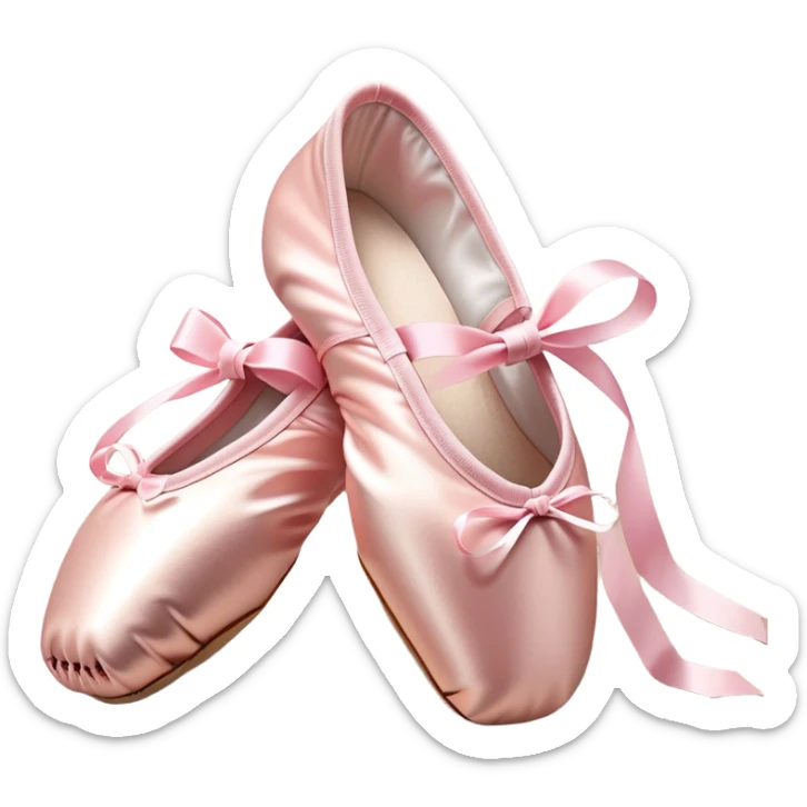 Cinematic Realistic Ballet Shoes, soft satin pink pointe shoes with delicate ribbons, resting gently on a polished wooden floor, subtle creases in the fabric, glowing under the warm golden light of a rehearsal studio, evoking elegance and grace. sticker