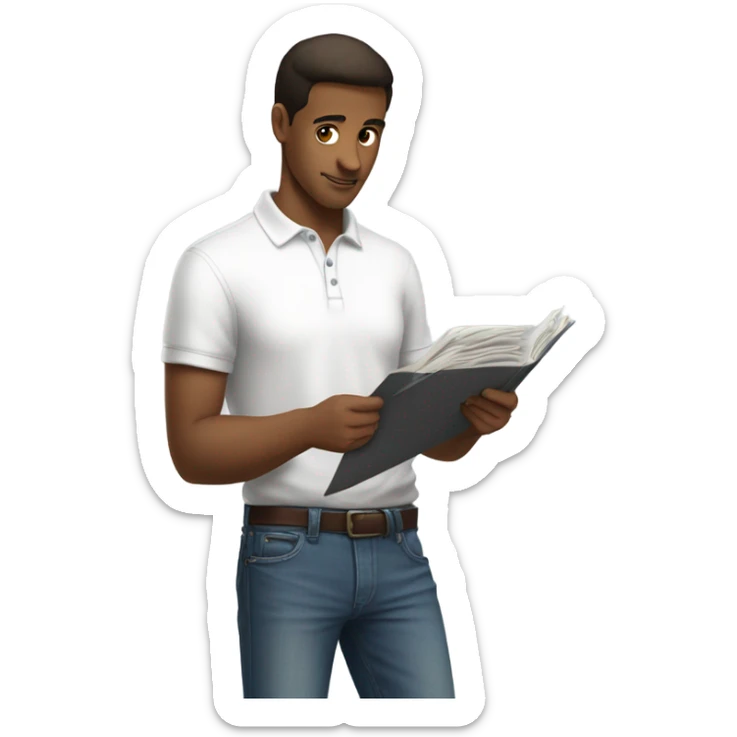 brunette man wearing red polo overtop a white shirt and really baggy jeans looking at records sticker