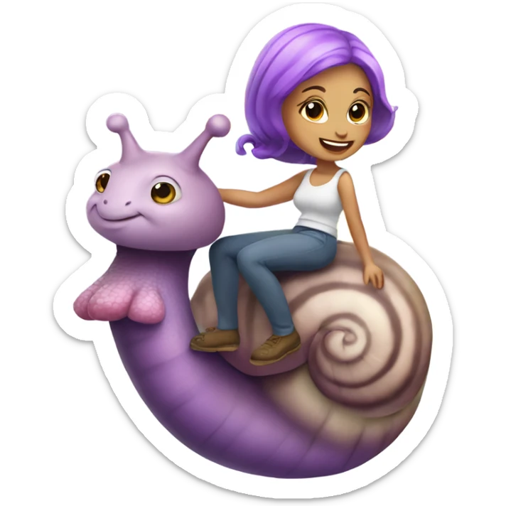Caucasian Woman with purple hair riding a rainbow snail sticker