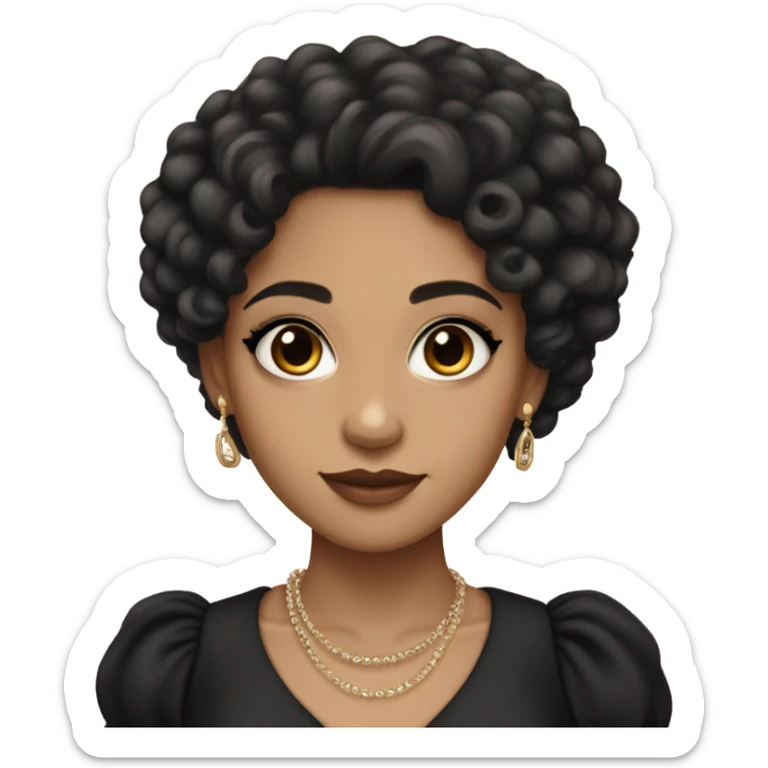 Light skin girl with very long black curly hair, brown eyes, black Chanel dress sticker