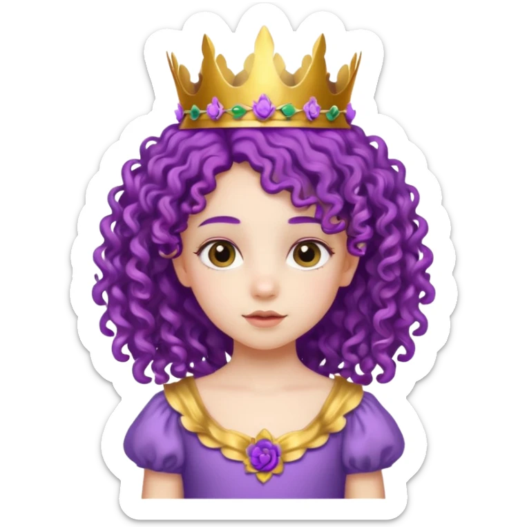 Princesses kid girl, with Gold Crown and flower on purple curly hair, with white dress sticker