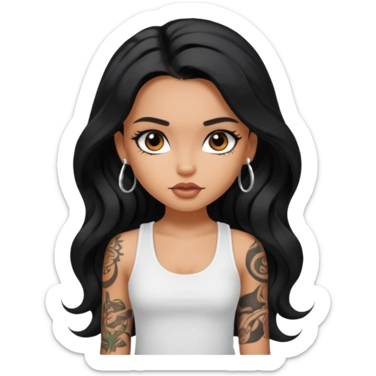a pretty tan bratz girl with long wavy black hair, wearing a white tank top. with full tattoos sticker