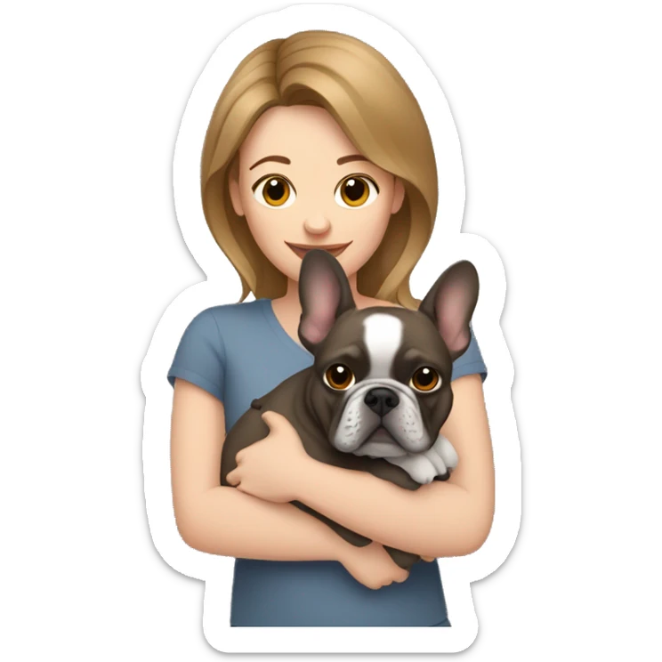 light brown hair woman hugging a dark gray french bulldog sticker