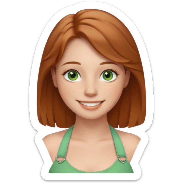 emoji of a woman named Freya McOmish, smiling, green eyes, light brown hair, subtle freckles, modern casual style, wearing a halter top sticker