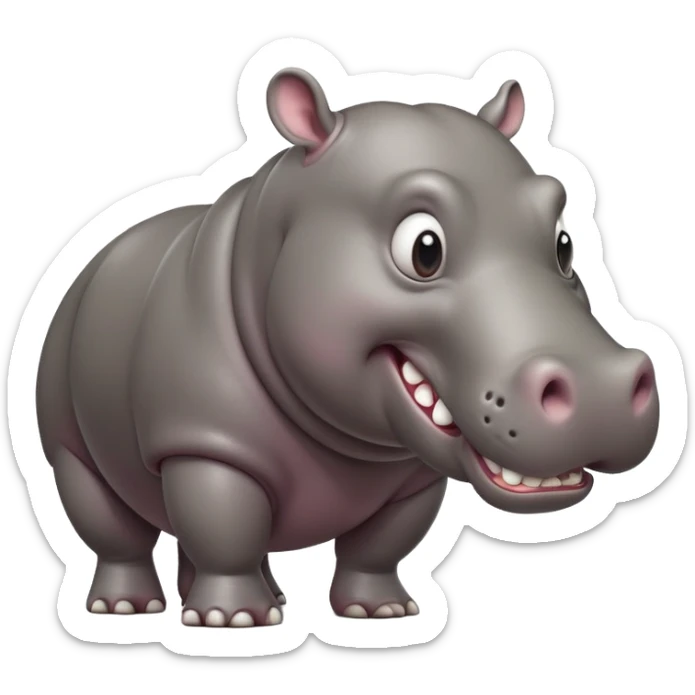 cinematic-hippo-realistic-full-body-side-view-standing-on-all-fours-emoji,-massive-round-frame,-wide-mouthed-grin-exposing-huge-teeth,-head-tilted-dramatically,-thick-grey-hide-glossy, big cute eyes sticker