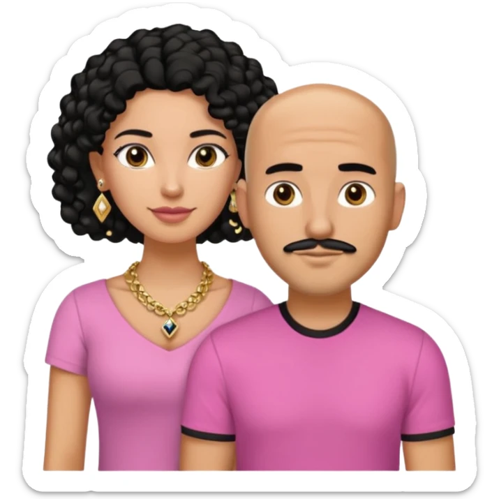 A picture if a couple. the man is a Mexican man with tanned skin, black hair, a bald hair cut, short boxed beard, and wearing a black shirt. the woman is mixed with black and white, with brown curly long hair, gold diamond earrings, a gold chain necklace and wearing a pink shirt on with big boobs sticker