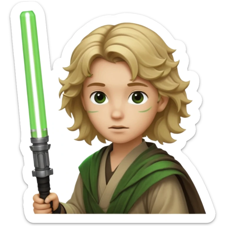 Young jedi with dirty blonde wavy hair holding a green lightsaber sticker