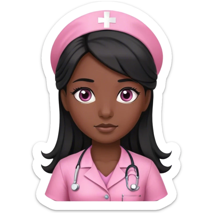 nurse dress pink with black long hair and dark eye color sticker