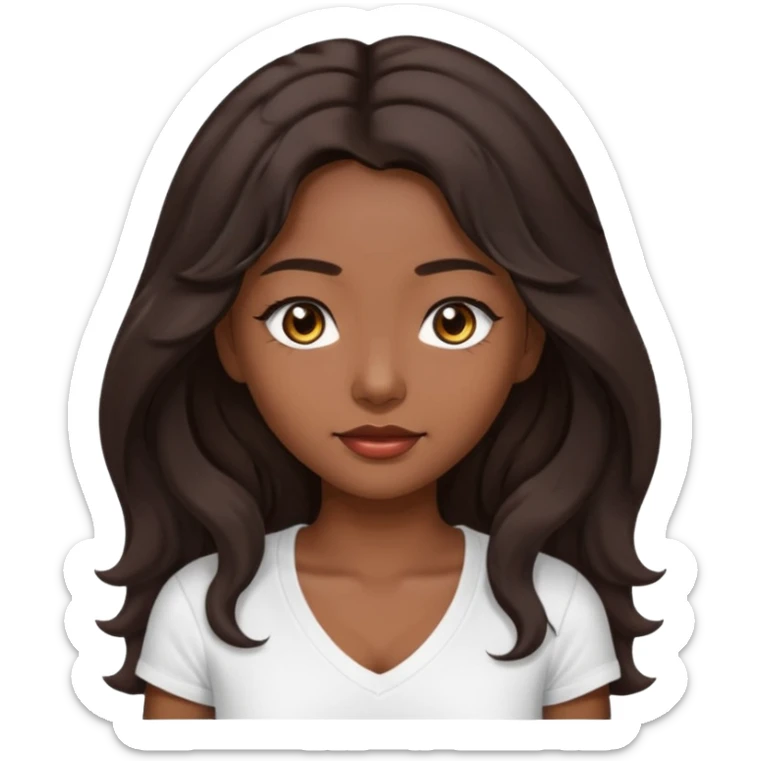 iOS style emoji A girl with very long dark brown wavy hair. And the eyes color is dark brown. And she is wearing white t shirt with V kneck. And she is 30. She is Asian with double eyelids  sticker