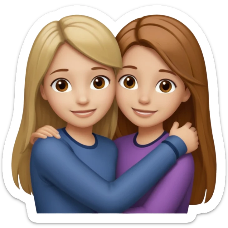 Two girls are hugging. One has dirty blonde hair with a little reddish in it. She has also grey eyes. Her hair is long and straight. The other girl has dark brown hair with hazel eyes sticker