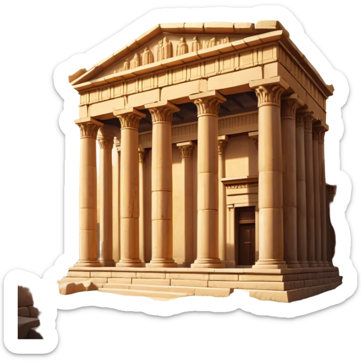 Baalbek temple – Cinematic Realistic Baalbek Temple, depicted as an ancient Roman temple complex with towering columns and intricately carved stone details, bathed in golden sunlight and dramatic shadows that evoke timeless historical grandeur. sticker