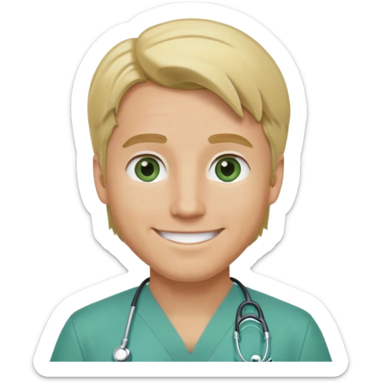 a male doctor with green scrubs, blonde hair middle part, light blue eyes, smiling, ios quality sticker