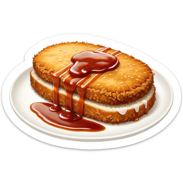 Tonkatsu Cinematic Realistic Tonkatsu Dish Emoji, depicted as a golden, crispy pork cutlet drizzled with tangy BBQ sauce, rendered with detailed textures and dynamic, appetizing lighting. sticker