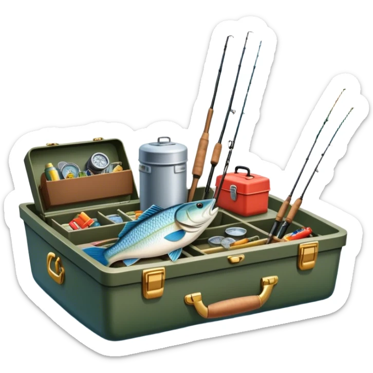 Icon for Fishing: a boat on the shore of a peaceful water body with a beautiful natural landscape, a fishing tackle box, a spinning rod. The icon should capture the tranquility and gear of a fishing adventure. Without frame. Transparent background. sticker