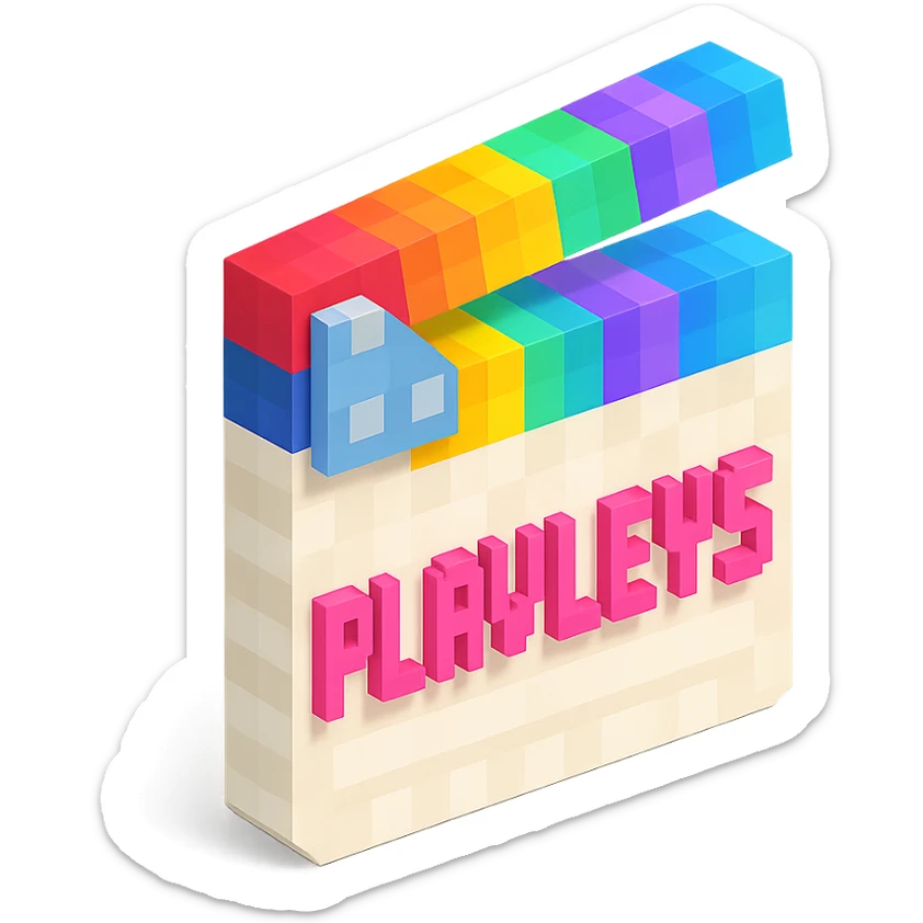 voxel style movie clapperboard, white body, colorful lid, pink text 'PLAVLEYS', isometric view sticker