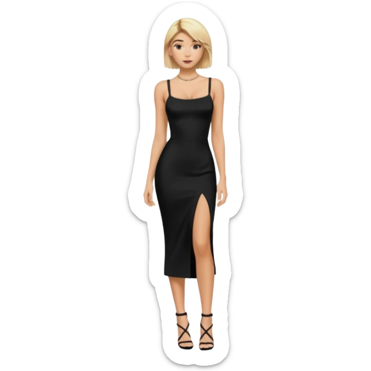 Hailey bieber cheveux court blond voir tout le corps et avec une robe longue serré noir avec des bretelles  sticker