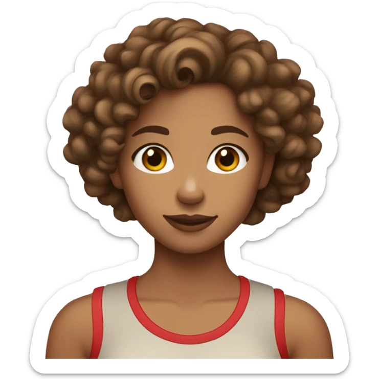 Tan girl with curly brown hair, brown eyes, hoop earrings, and a red tank top sticker