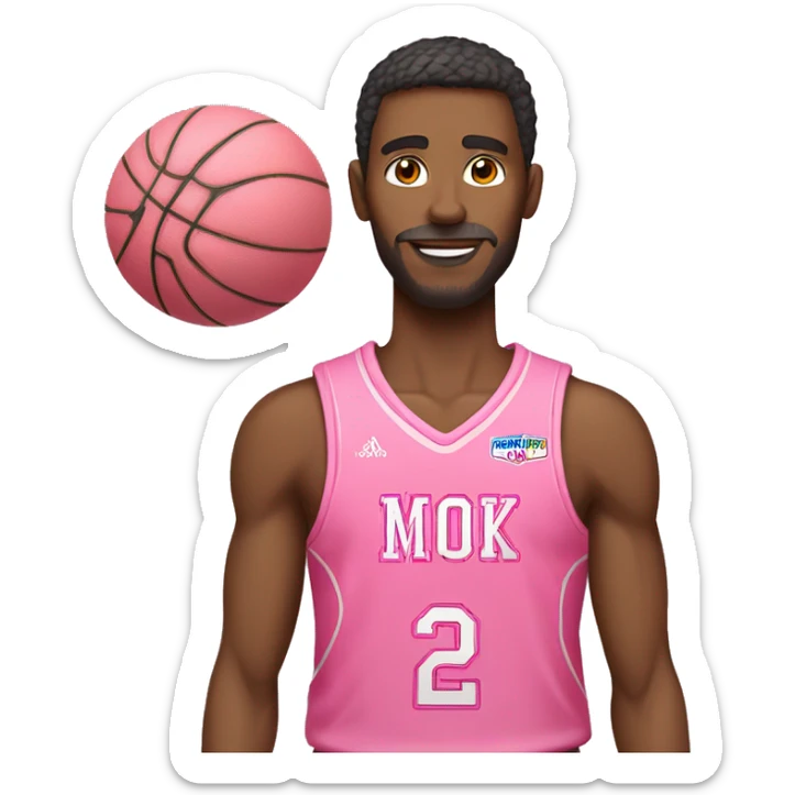 An emoji of a man wearing a pink basketball jersey and holding a pink basketball. skinn color white sticker