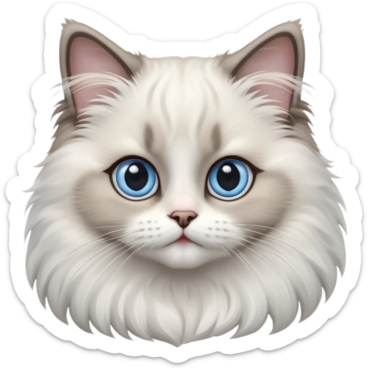 cinematic-adorable-big-eyed-fluffy-ragdoll-cat-portrait-emoji,-head-tilted-playfully-with-a-sweet-expression,-fluffy-white and grey-fur,-simplified-yet-irresistibly-cute-features-with-large,-expression, Large blue eyes sticker