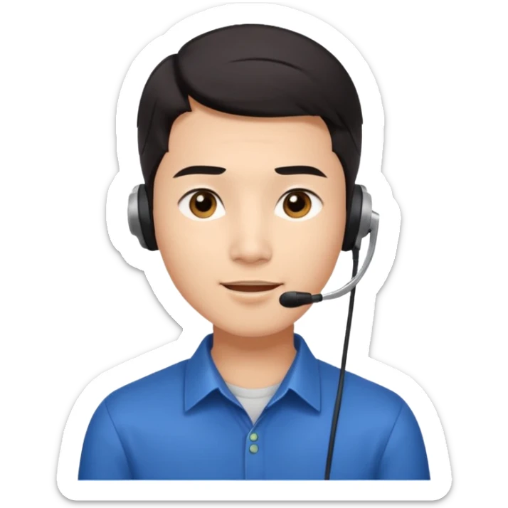 A young Asian man with smooth light skin, dark hair that swoops upward in the front, expressive eyes, a clean-shaven face, and a call-center style headset over one ear, flamboyent  sticker
