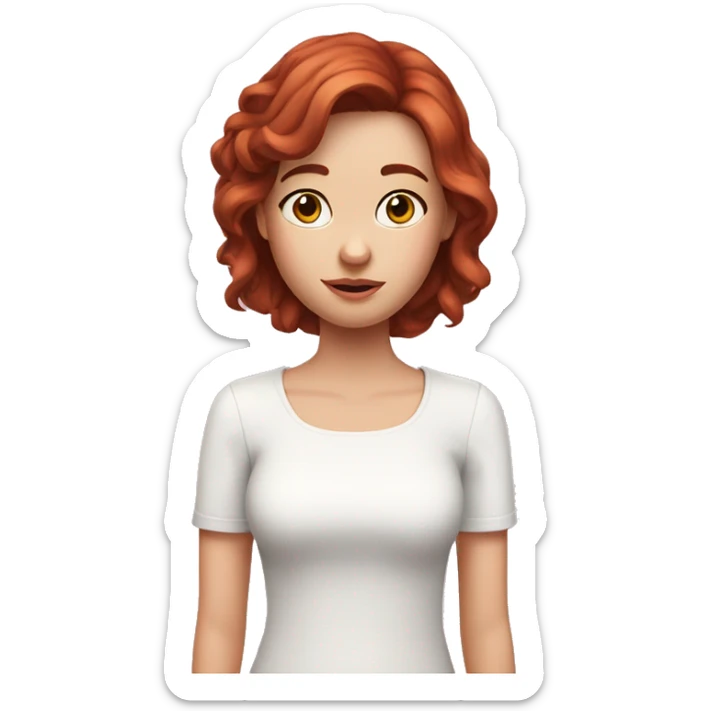 girl with kinda dark redhead hair with many freackles all over face and arm who hold an iphone 15 pink and is dressed with a white top sticker