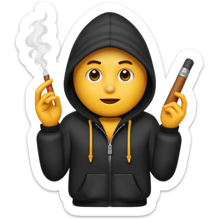Tu peux créer un emoji d'un cagoule noir qui fumé un cigare qui me le doigt comme ça 🫵🏾 sticker