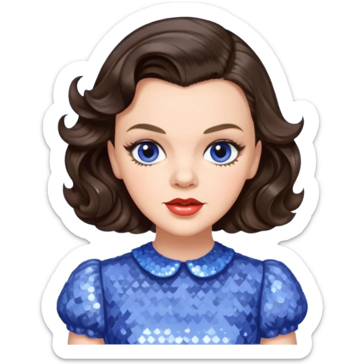 Judy Garland with long dark brown hair, periwinkle sequin dress sticker
