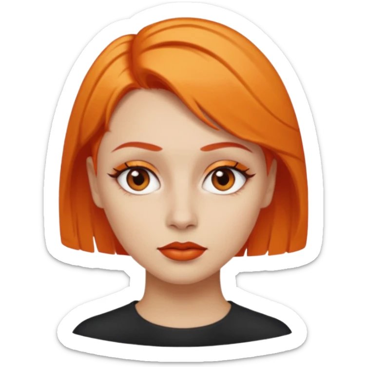 A person emoji with light skin, short orange hair swept to one side, matching orange eyebrows, brown eyes, an oval-shaped face, a small nose, and dark lipstick. sticker
