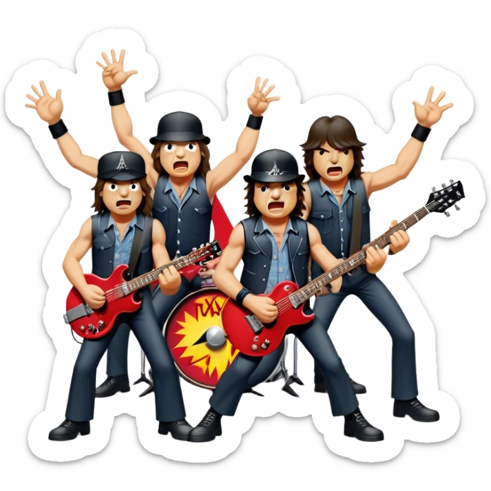 Cinematic Realistic AC/DC Band Emoji, depicted as a high-energy rock ensemble with electrifying stage presence and gritty textures, rendered with bold vibrant lighting that captures the raw power and rebellious spirit of their music. sticker