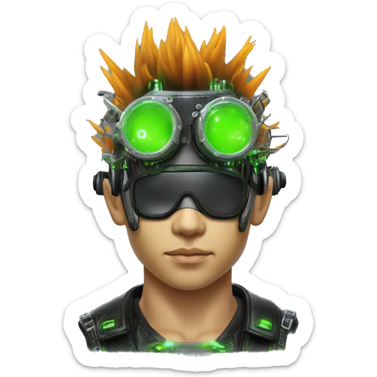 Mohawk hair with neon green highlights Asian male cyborg head with neon silver steampunk goggles and circuits sticker