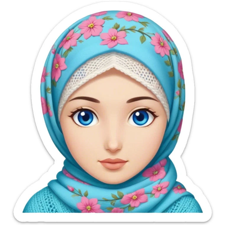 Turkish beautiful finish Konya girl blue eyes with spring floral hijab does knitting  sticker