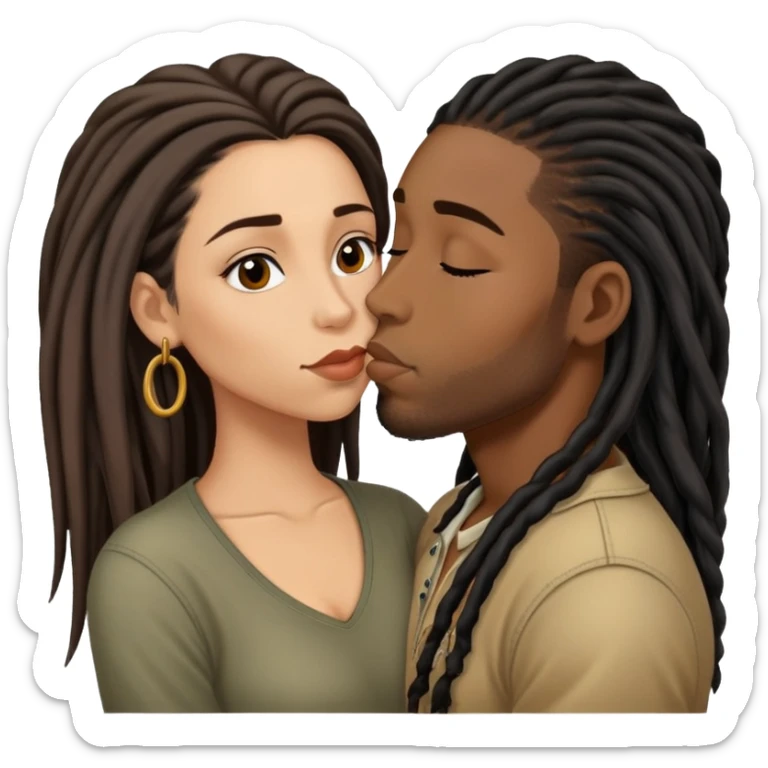 Latina Woman with long hair kissing a young black guy with dreads chin hair sticker