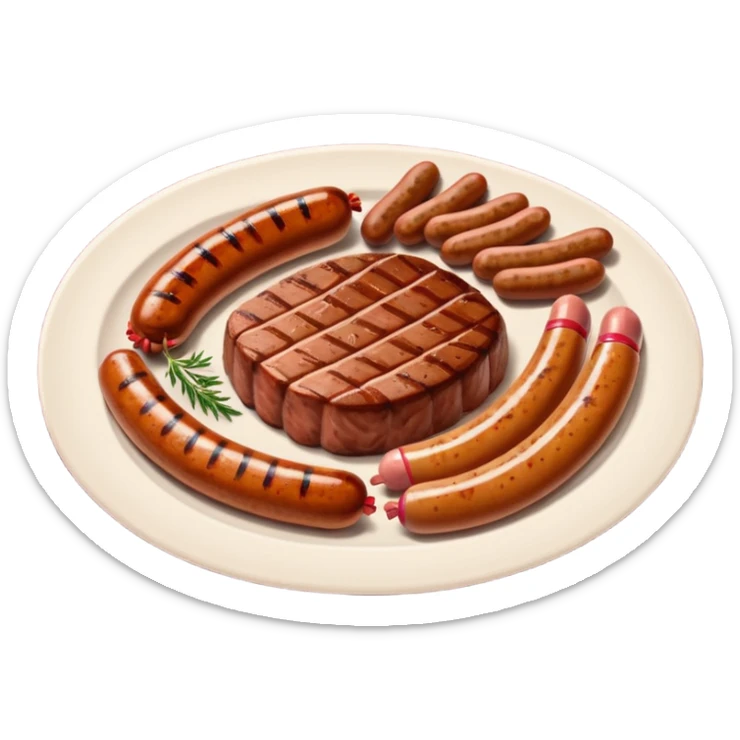 Meat dishes avatar in clean emoji-style illustration. Steak, roasted meat, and sausages, rich brown and red tones, simple shapes, flat design, hearty and appetizing. sticker