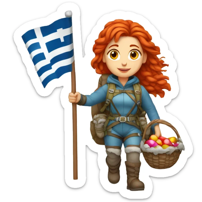 Greek Female winter mountaineer red hair white skin climbing with Greek Flag and Easter eggs basket sticker