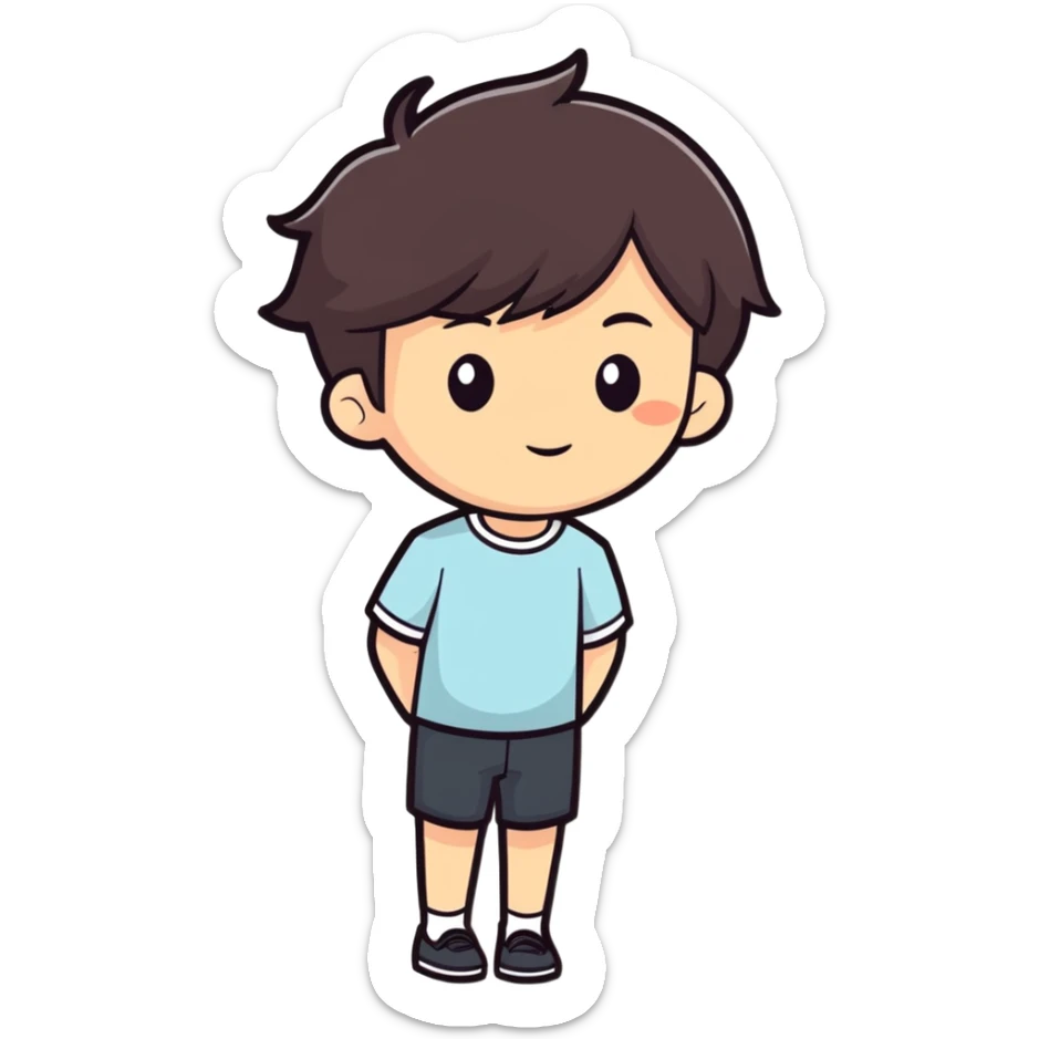 full-body person of Asian descent, short dark brown hair, slender build, cartoonish sticker style sticker
