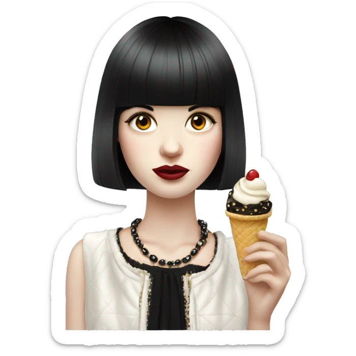 Portrait chanel clothes Girl pale skin with long black  bangs eating icecream  sticker