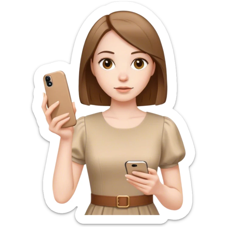pale skin woman with brown Straightened bob Hair, beige dress holding white IPhone 15 pro in the hands sticker