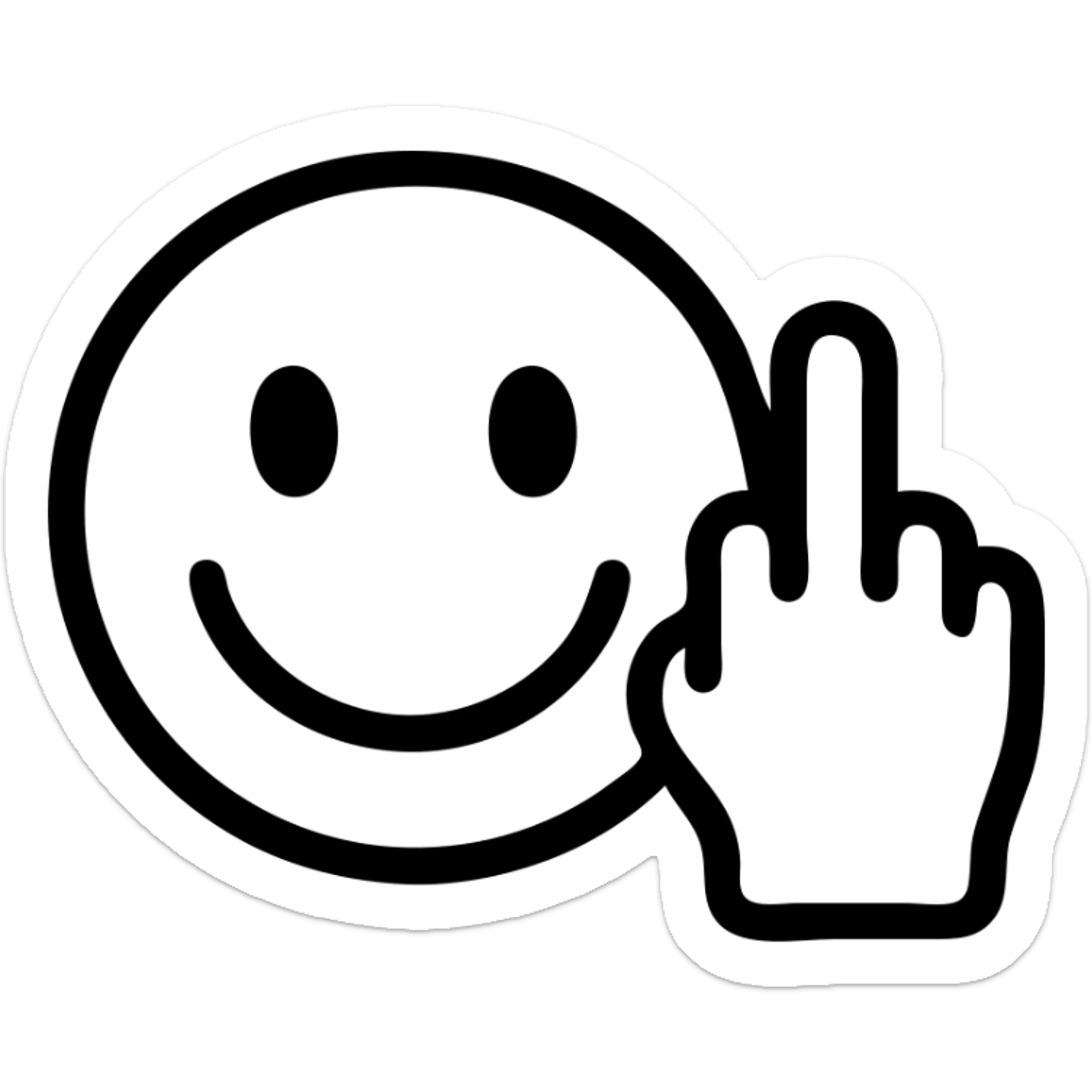 happy emoji face with a cartoon hand giving the middle finger next to it, flat color icon style, black outlines sticker