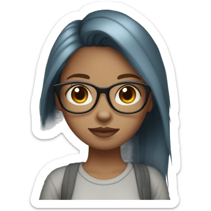 A blue eyed, straight medium length hair red headed girl with light skin, black glasses, a nose ring, holding an all grey cat  sticker